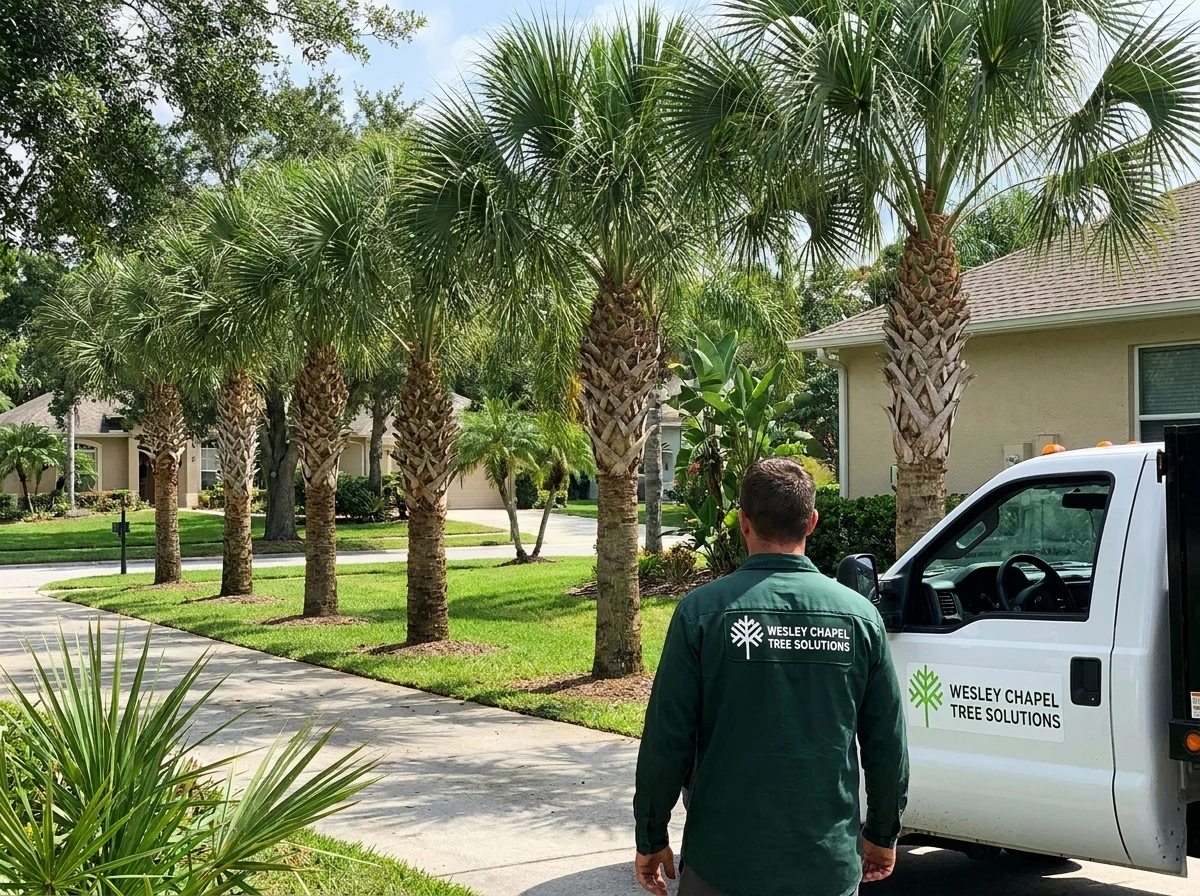 Freshly trimmed sabal palms at an Epperson home