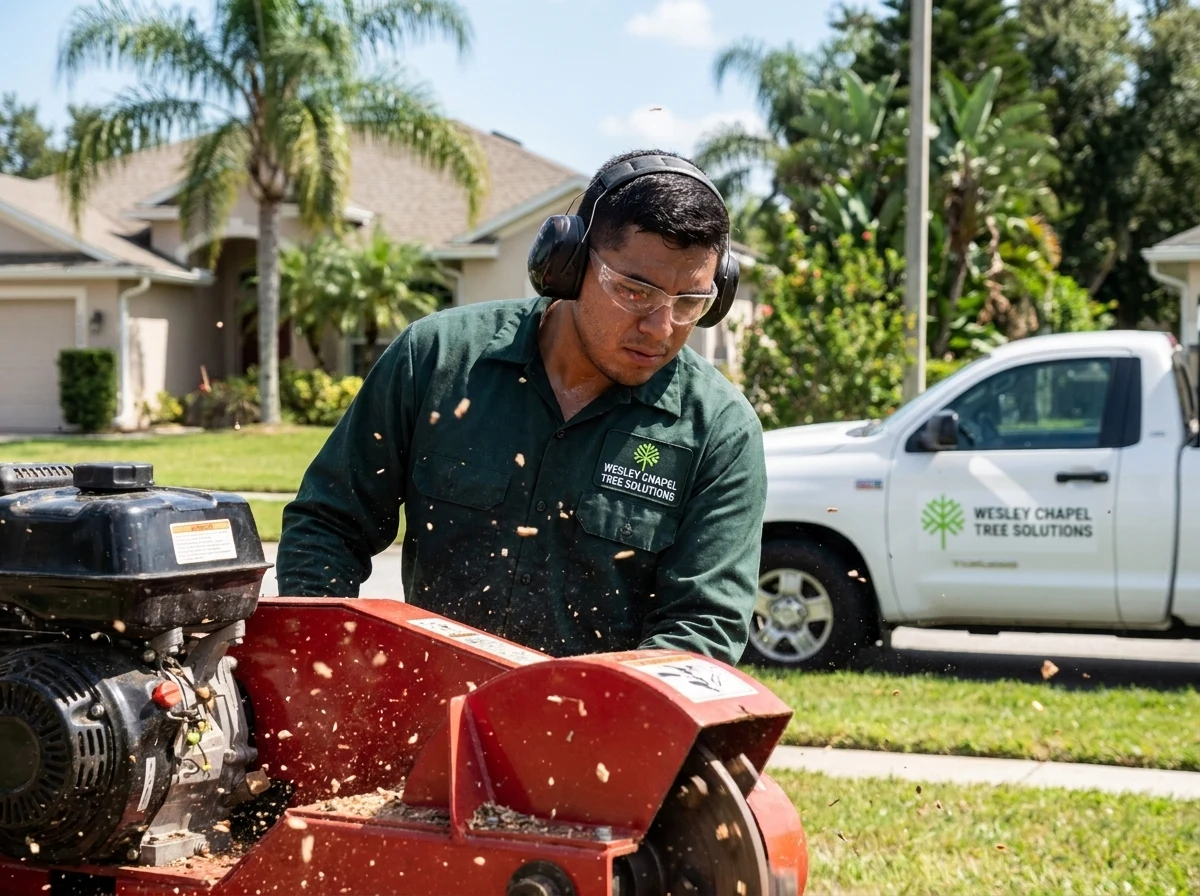 Ground crew lead operating a stump grinder
