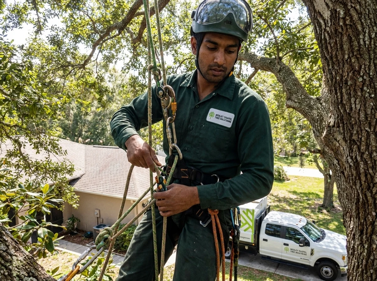 Lead climbing arborist with rigging gear beside a large oak