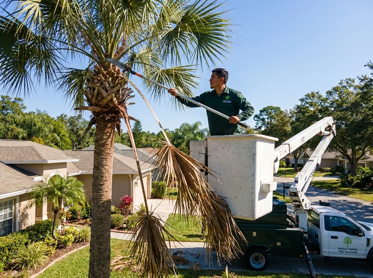 Crew trimming sabal palm fronds on an Epperson property