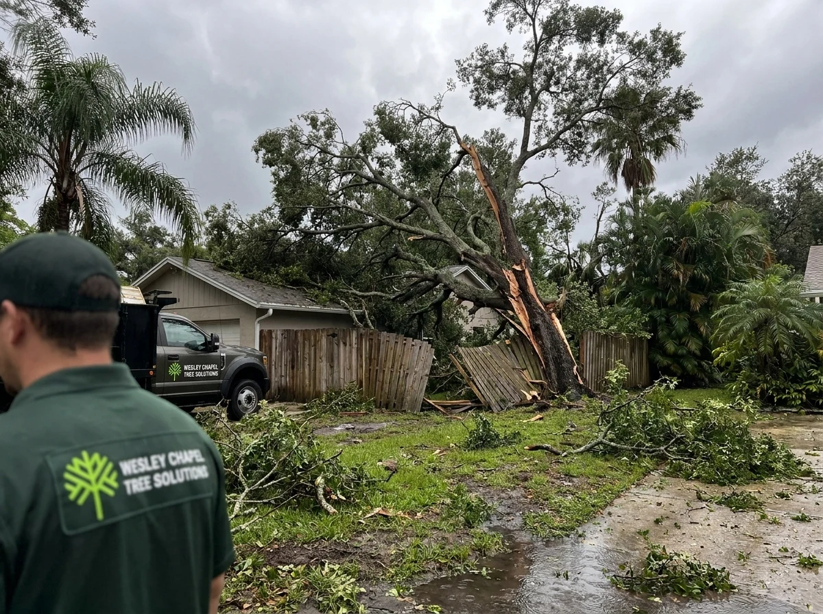 Storm-split oak leaning on a fence before removal in New Tampa