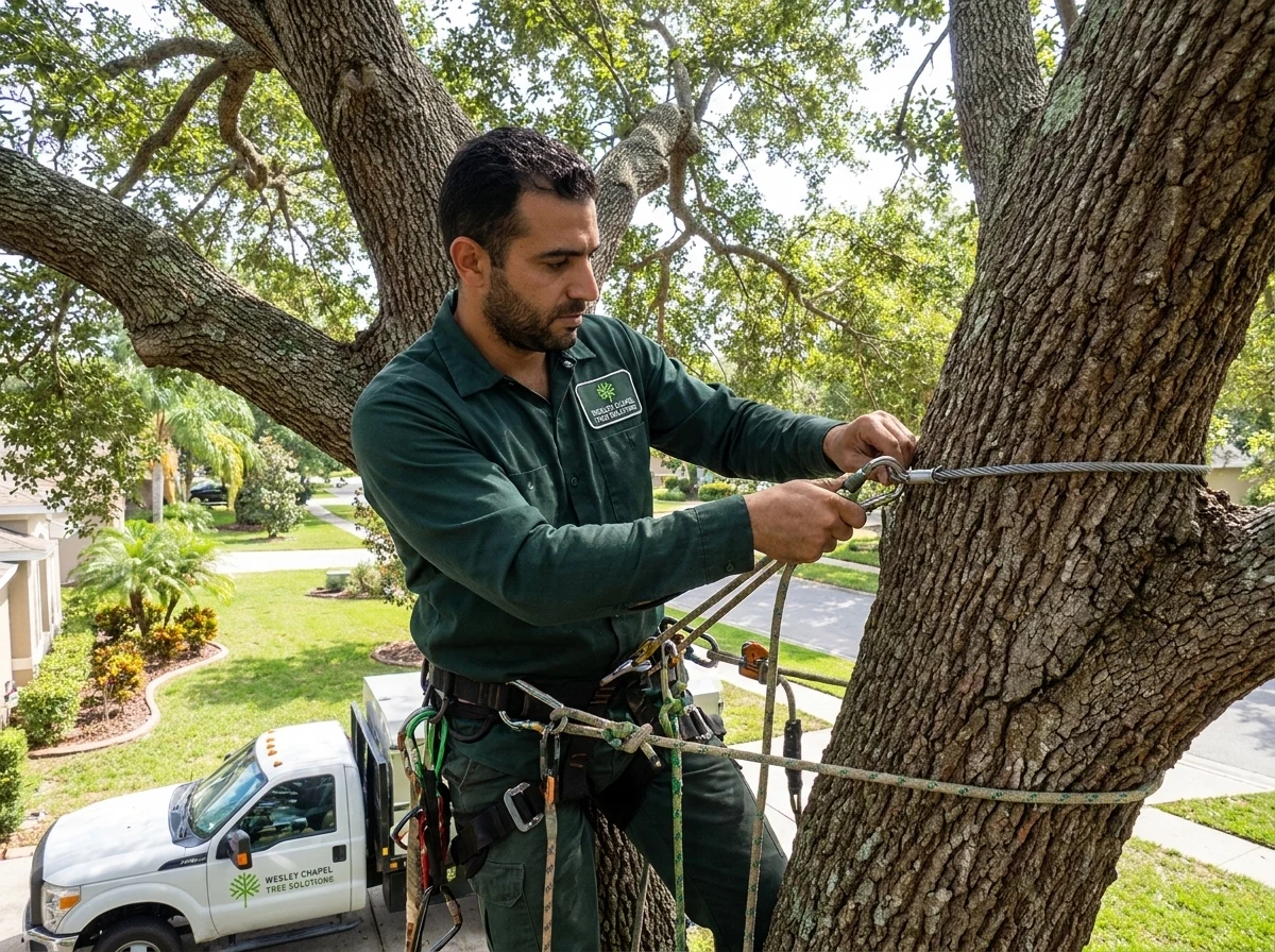 Cable and brace system installed in a co-dominant oak canopy in Wesley Chapel