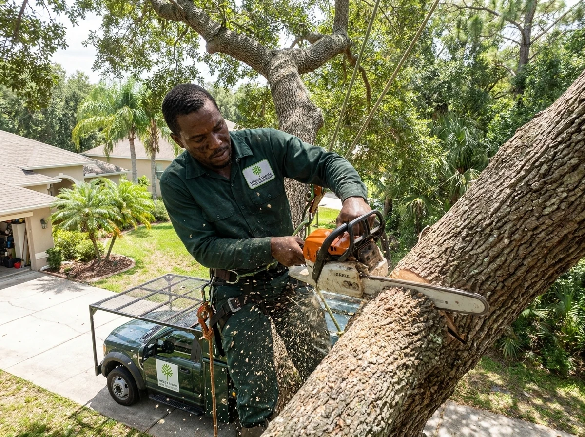 Climber removing sections of a large tree with a chainsaw during a controlled takedown