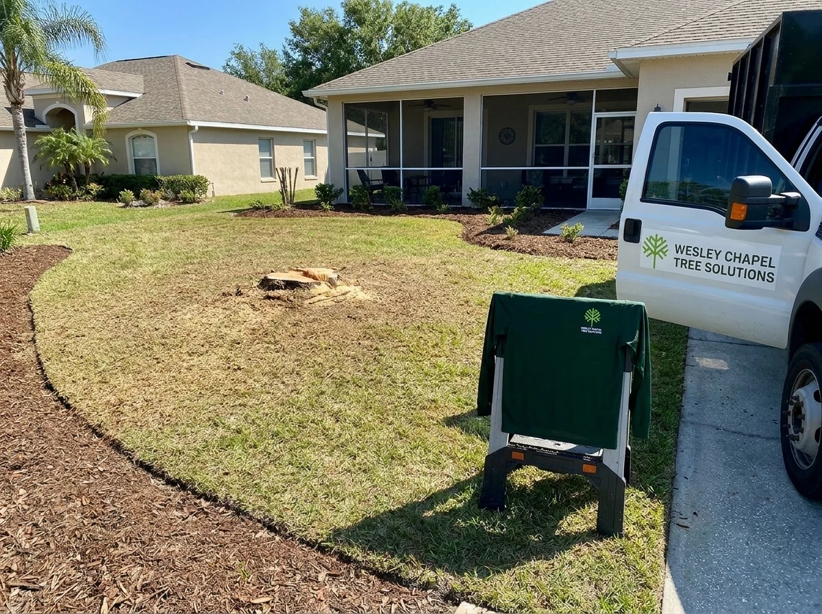 Completed tree removal at a Wesley Chapel property at golden hour