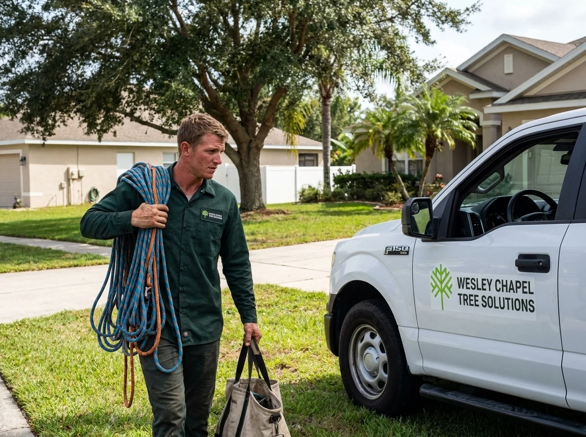 Wesley Chapel Tree Solutions technician carrying rigging gear to a job site in Lutz