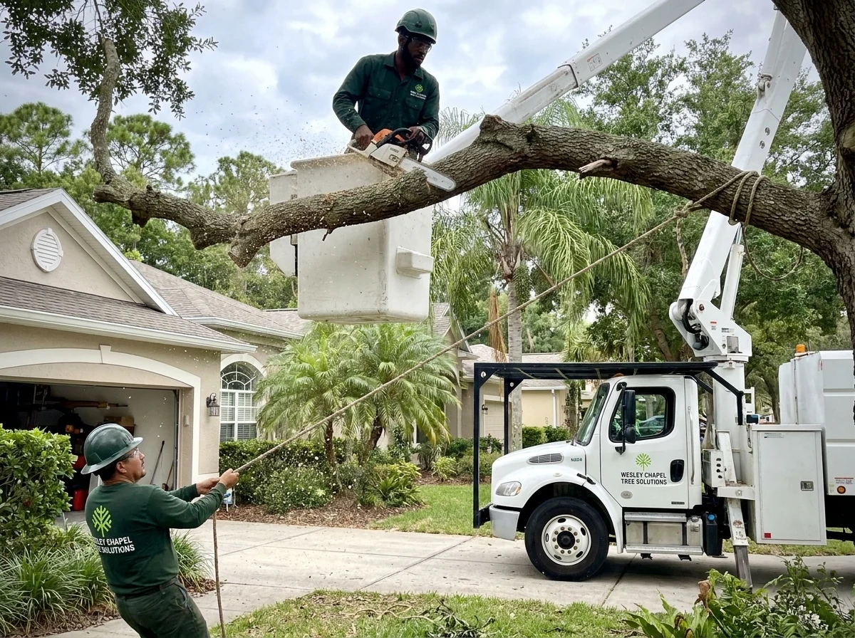 Wesley Chapel Tree Solutions crew removing a large oak tree in Wesley Chapel, FL
